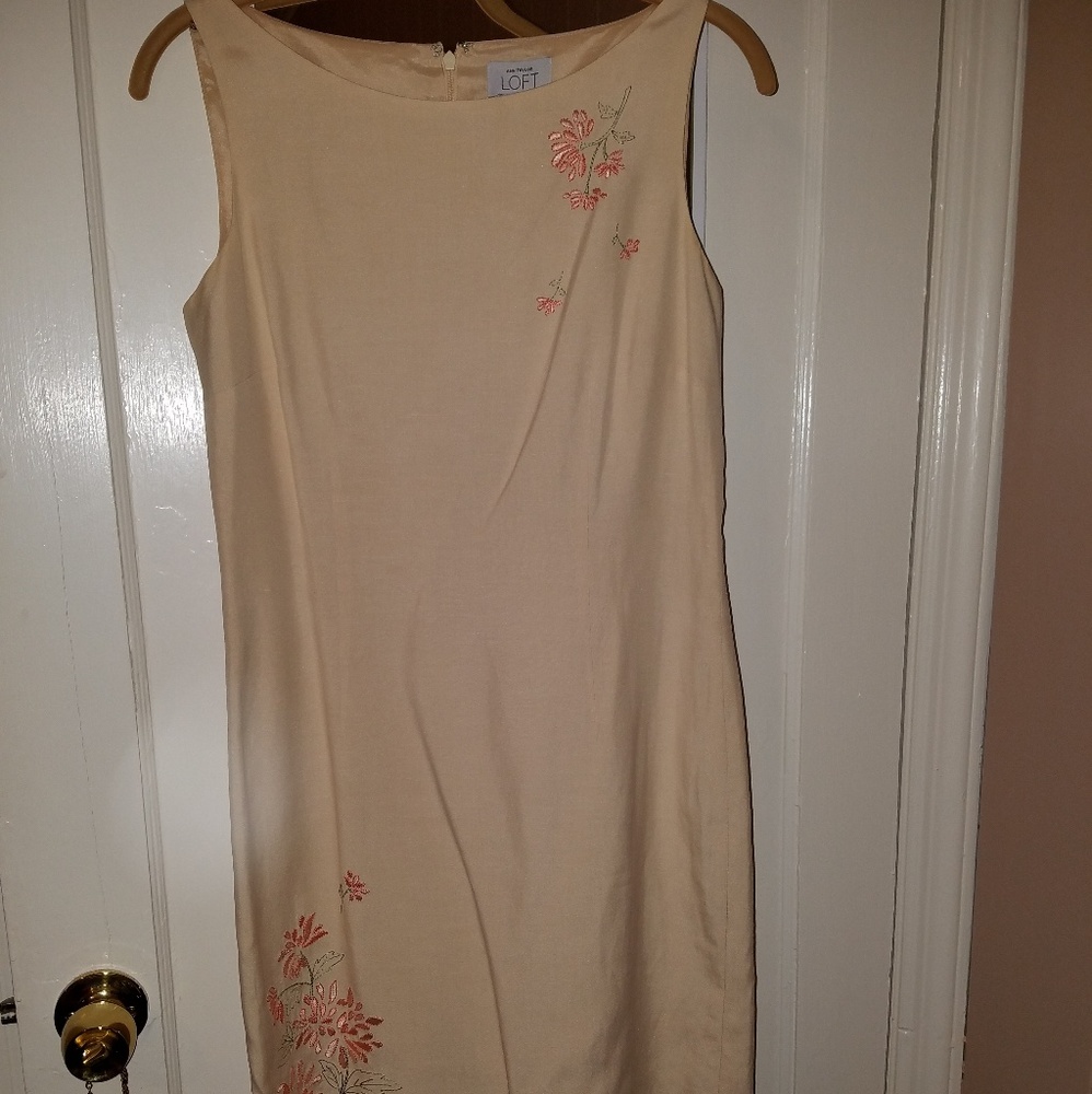 Loft silk shift dress coral flower embroidered